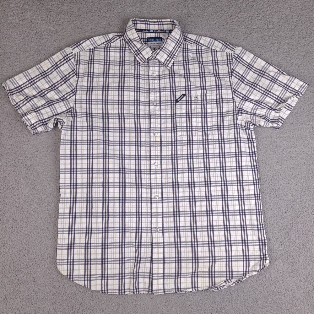 Ecko Unltd Shirt Mens XL White Plaid Button‎ Down Classic Material Short Sleeve